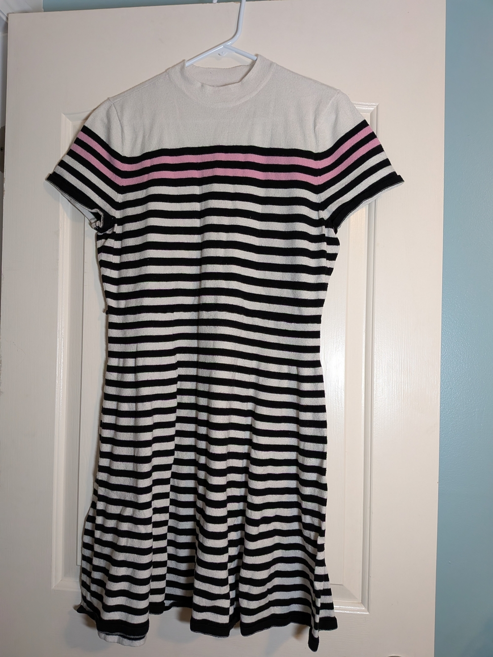 Girls' Black & White Stripe Knit Dress with Pink Accent